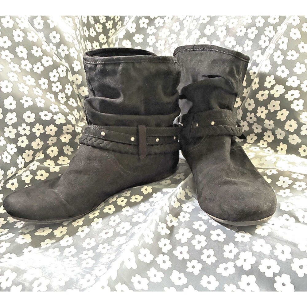 Report Black Slouchy Ankle Boots Faux Suede Braided Buckle Studs Booties Size 7